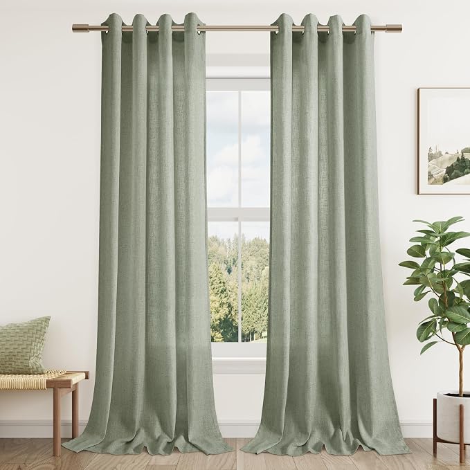 Green Linen Blend Curtains 96 Inches Long 2 Panels Set for Living Room Grommet Light Filtering Semi Sheer Privacy Sage Green Window Curtains Aesthetic Spring Decor for Bedroom 96 Inch Length 8Ft