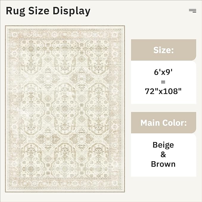 Soalmost Area Rug 6x9, Washable Rugs, Stain Resistant Gray Area Rugs for Living Room Bedroom Dining Room, Vintage Farmhouse Rug Beige