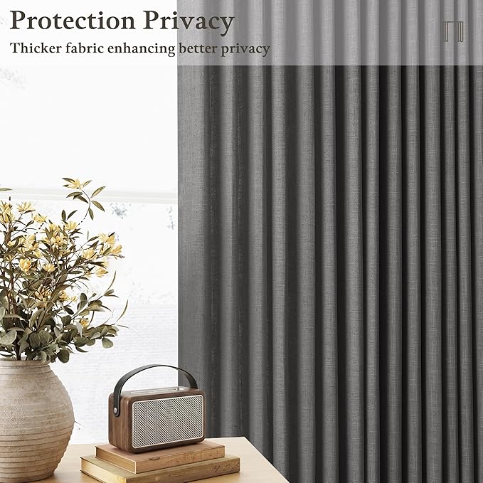 80 Inch Pinch Pleated Linen Curtains 2 Panels for Living Room Bedroom Boho Modern Farmhouse Charcoal Grey Semi Sheer Back Tab Pinch Pleat Hooks Rings Viral Dark Gray Window Curtain 50 by 80 Length