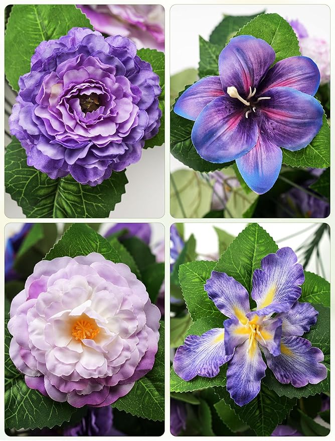 Silk Grave Flowers for Cemetery: 2 Pcs Purple Cemetery Flowers Grave Decorations Spring Easter Mothers Memorial Day - Outdoor Artificial Camellia Bouquets with Vases for Graveside