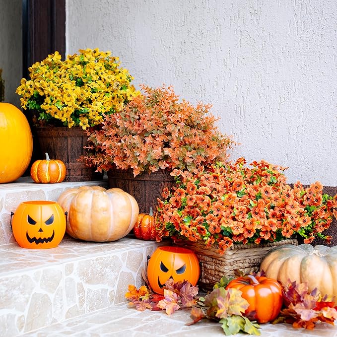 AXYLEX Artificial Fall Flowers Outdoor Fake Mums - 16 Bundles Fake Plants UV Resistant No Fade Faux Plastic Greenery Garden Porch Patio Fall Home Decor (Green Orange)