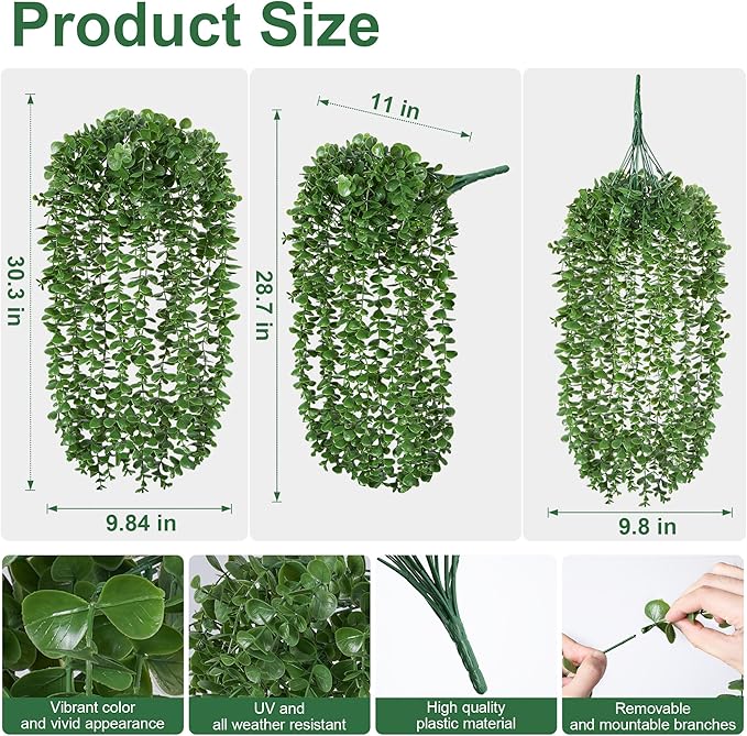 Faux Outdoor Plants Fake Hanging Plants for Outdoors Outside Decorations, 2 Pcs Green Faux Eucalyptus Vines Realistic UV Resistant Artificial Greenery for Planters Porch Garden Yard Front Door Patio