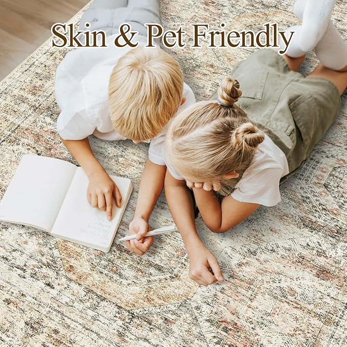 Soalmost 10x14 Area Rugs for Living Room, Non Slip Machine Washable Vintage Rugs, Low Pile Lightweight Large Rug for Bedroom, Dining Room, Home Office Brown Pink