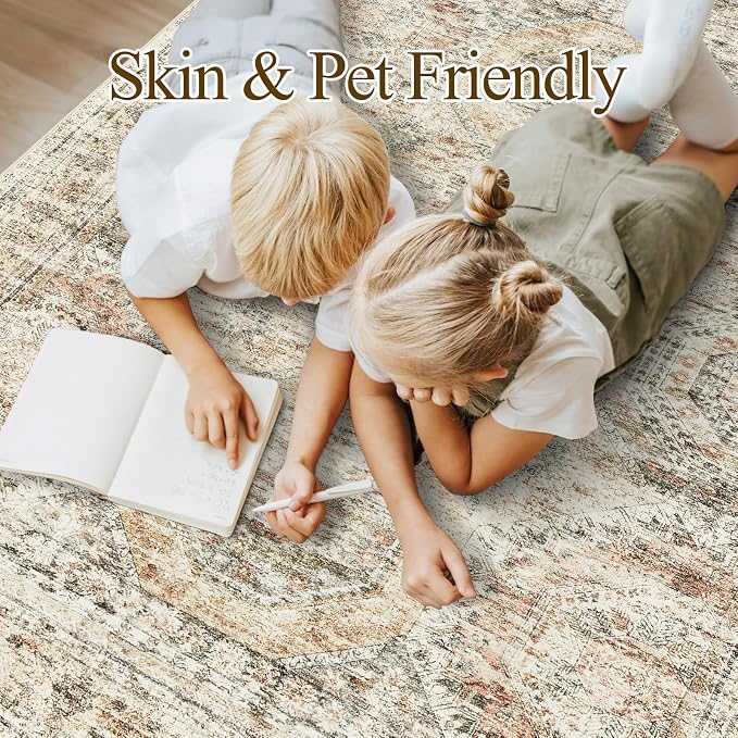 Soalmost 9x12 Area Rugs for Living Room, Non Slip Machine Washable Vintage Rugs, Low Pile Lightweight Large Rug for Bedroom, Dining Room, Home Office Brown Pink