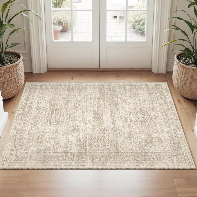 Soalmost 2x3 Washable Rugs for Kitchen, Floor, Entryway, Powder Room Small Area Rug Non-Slip Vintage Low Pile Throw Door Mat Beige