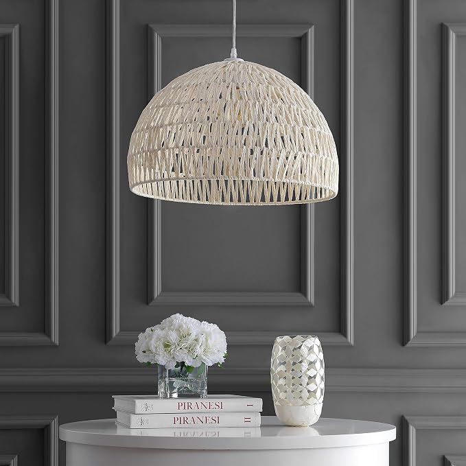 JONATHAN Y 20" Cream Modern Bohemian Woven Rope LED Pendant Light Fixture, Adjustable Dome Ceiling Lamp for Kitchen Island, Rope Shade, Coastal Farmhouse Decor JYL6504A
