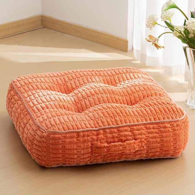 HIGOGOGO 6" Floor Pillow Cushion for Adults, Meditation Cushion Pillow, Blended Corduroy Cover, Large Square Floor Sitting for Tatami Living Room or Yoga, 22x22 Inch, Coral