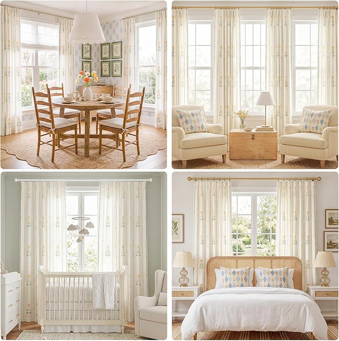 THREE GIRLS Floral Pinch Pleated Light Filtering Curtains 90 Inches - Printed Linen Blend Drapes for Living Room, Bedroom, Dining, Modern Farmhouse with Hooks, 2 Panels Set, 40" W x 90" L Yellow