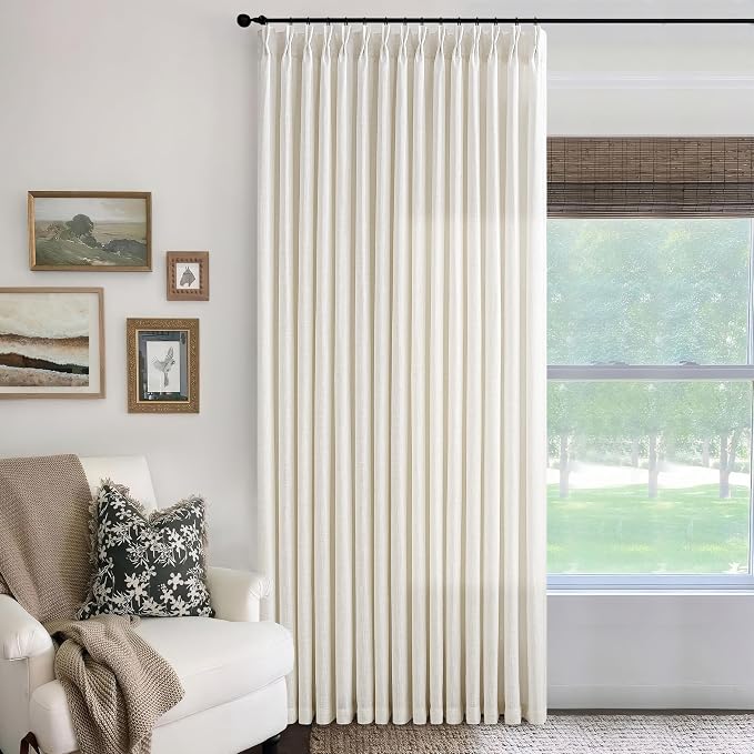 Extra Wide Pleated Curtains 108 Inches Long 100 Inch Width Patio Sliding Door Light Filtering Semi Sheer Drapes Cream Ivory Neutral Modern Neutral 100x108 Drapes Panels for Living Dining Room 1 Panel