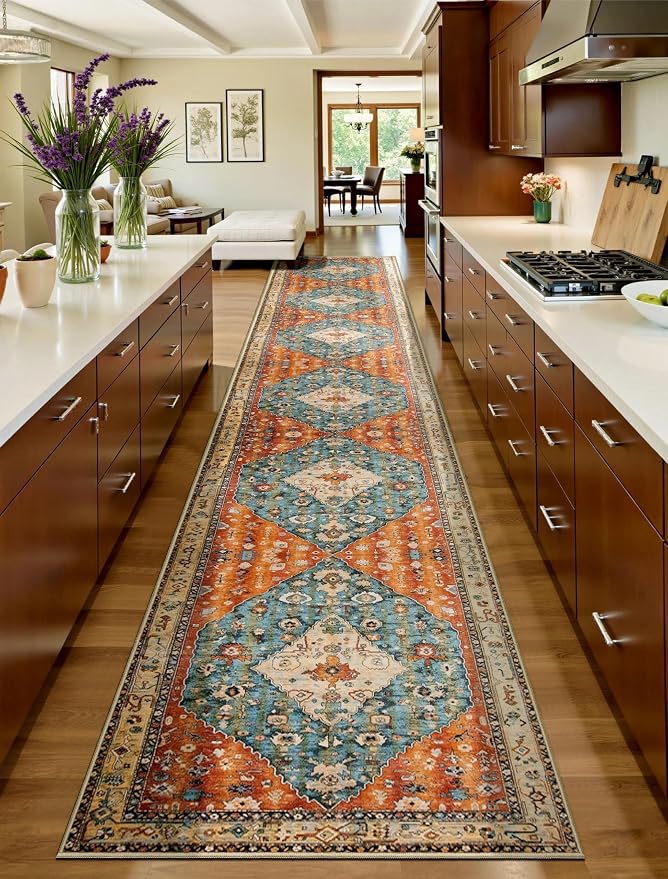 SERISSA Runner Rug for Hallways, 2'6"x16' Washable Non Slip Kitchen Runner Rug, Extra Long Boho Rug Ultra Soft Vintage Tribal Print Floor Carpet for Bedroom Hallway Entryway Bathroom Laundry Room