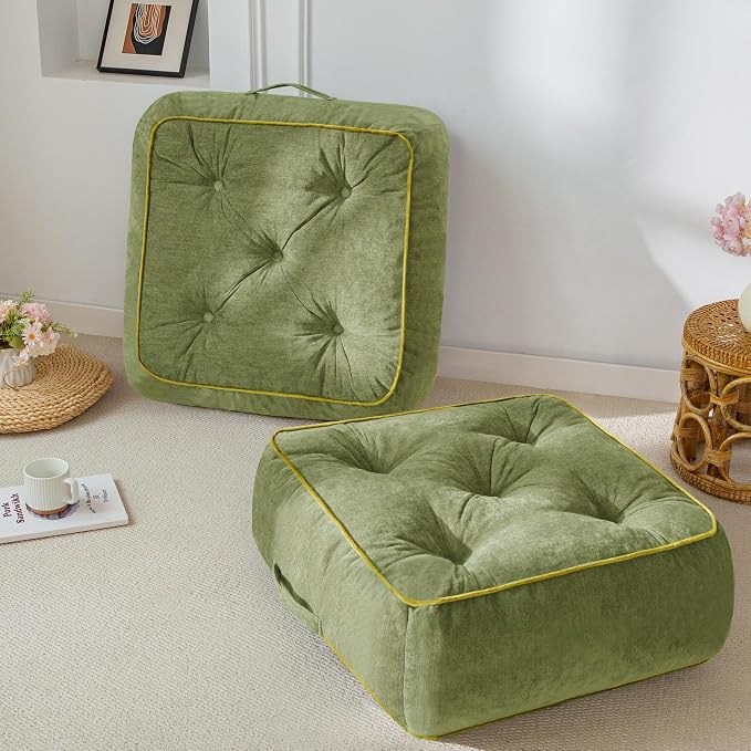 HIGOGOGO 8" Extra Thick Floor Pillow Cushion for Adults, Meditation Cushion Pillow with Handle, Lustrous Chenille Tufted, Square Floor Sitting for Tatami Living Room or Yoga, 22x22 Inch, 2Pack, Green
