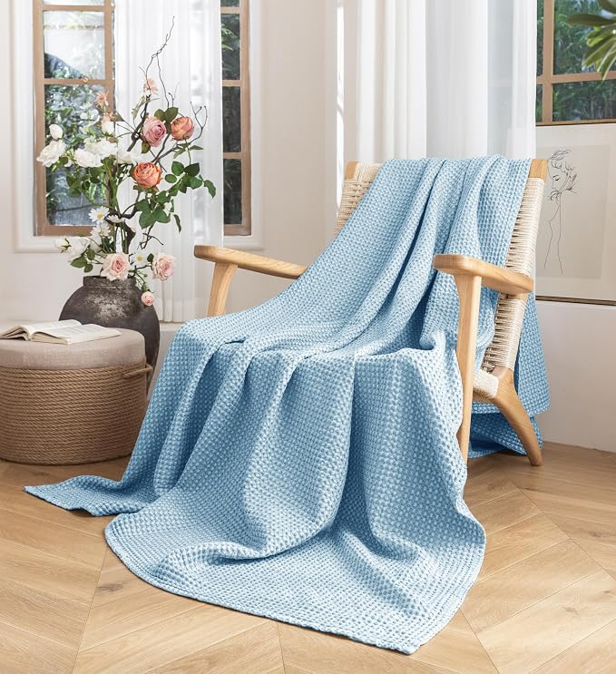 Talasily 100% Cotton Blanket King Size for Bed - Spring and Summer Cooling Lightweight & Breathable Bedding -Soft Waffle Weave Christmas Blanket, Machine Washable,Navy Blue,108x90 Inches