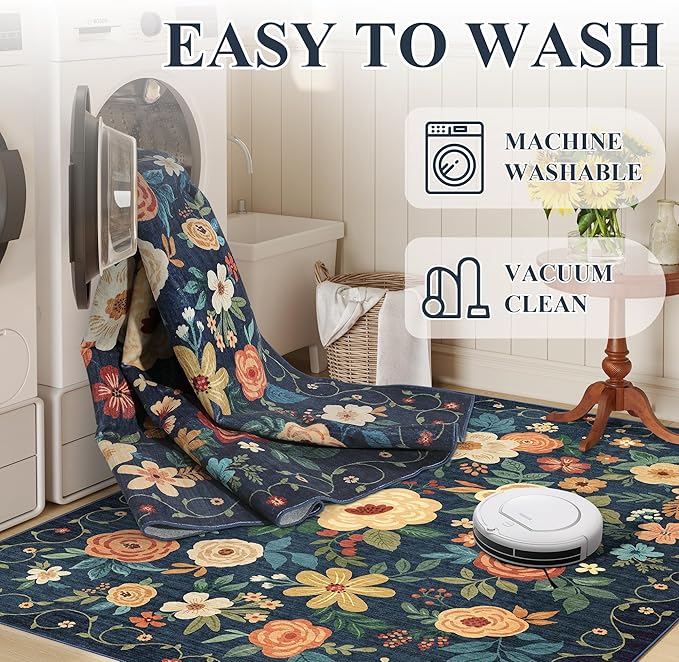 DUKINO Runner Rug, 2x7 Boho Kitchen Rug for Hallways with Low Pile Design, Washable Non Slip Backing Soft Floral Runner for Kitchen, Hallway, Entryway, Bedroom, Laundry, Navy Blue