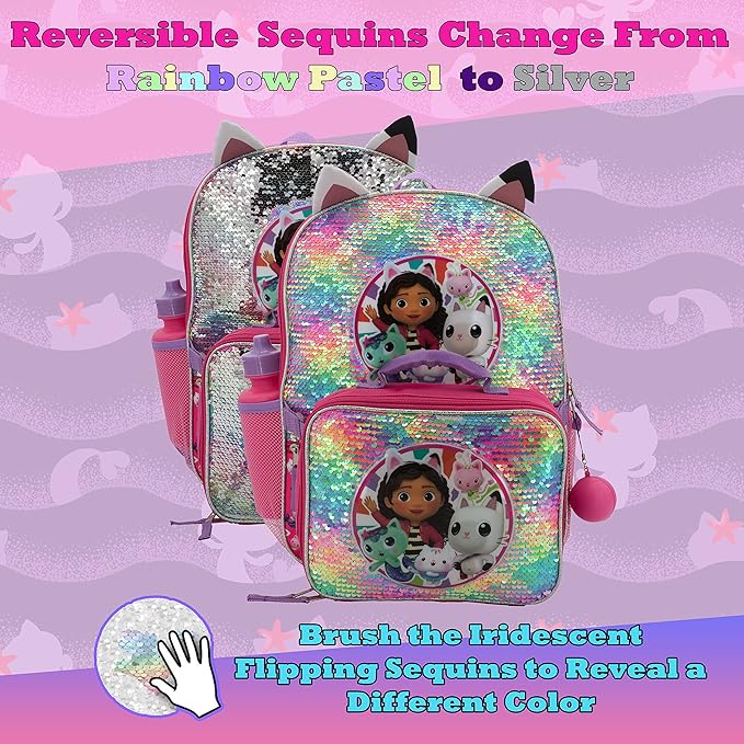 AI ACCESSORY INNOVATIONS Gabby’s Doll House 4 Piece Backpack Set, Flip Sequin 16" School Bag for Girls with Front Zip Pocket, Pink