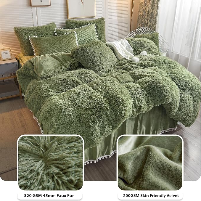LIFEREVO Luxury Plush Shaggy Duvet Cover Set, Soft Velvet Fluffy Furry Duvet Cover Set(1 Faux Fur Fuzzy Comforter Cover+1 Pompoms Pillowcase)Solid Bedding Set, Zipper Closure(Twin/Twin XL, Sage Green)