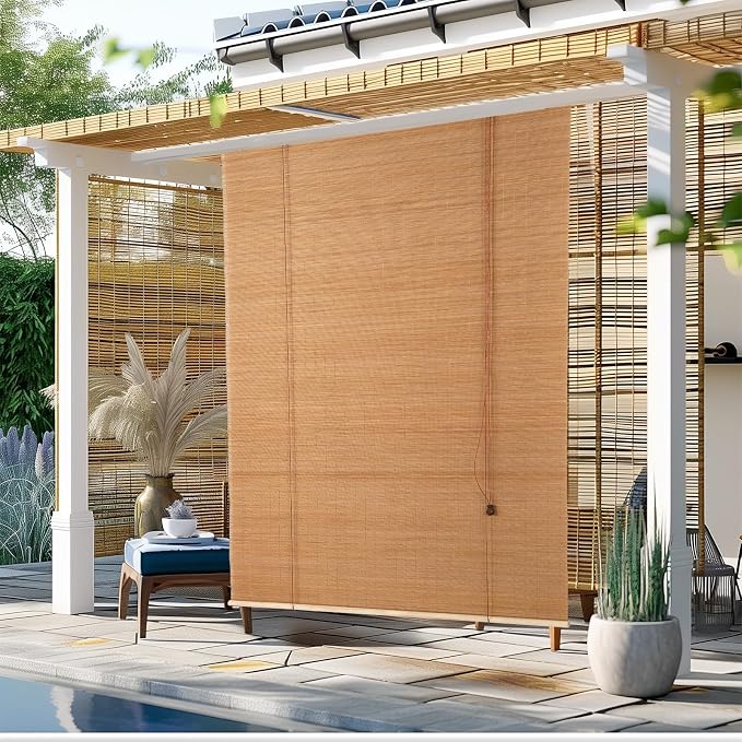 Outdoor Bamboo Roller Blinds Shades, Vertical Lifting and Breathable Waterproof Design, Sun Shade, Blackout and Ventilation, Easy Installation,60" W×72" H