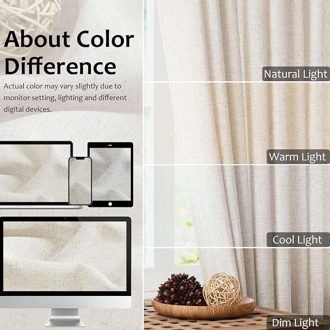 Central Park Natural Pinch Pleat Light Filtering Curtain with Microfiber Liner Linen Blended Textured Window Treatment Privacy Drape 90 Inch for Living Room Bedroom with Back Tabs Hooks, 40" Wx90 Lx2