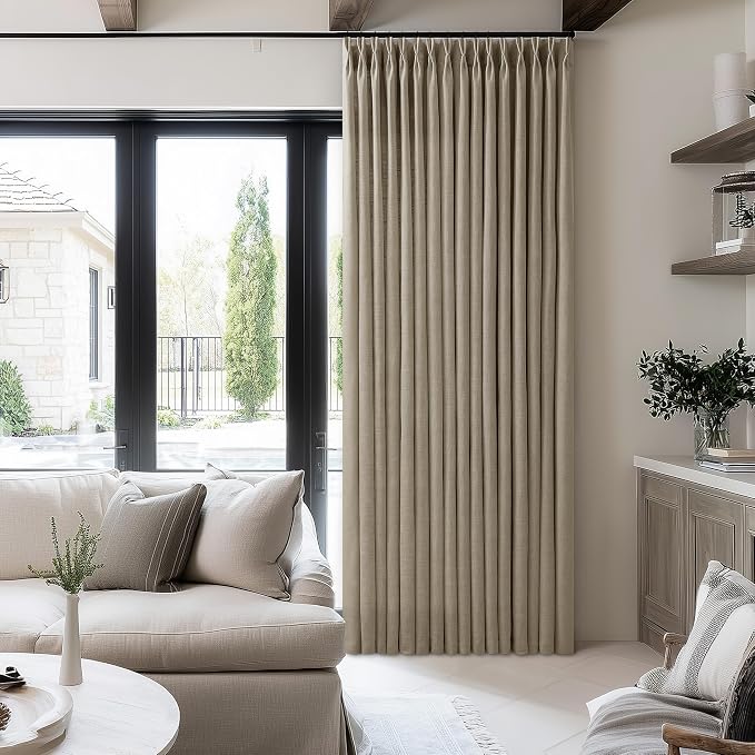 Pinch Pleated Linen 108 Inch Curtains 100 Inch Width for Living Room Divider Light Filtering Thick Light Brown Linen Extra Wide Patio Curtains for Sliding Door Balcony Floor to Ceiling Window 1 Panel