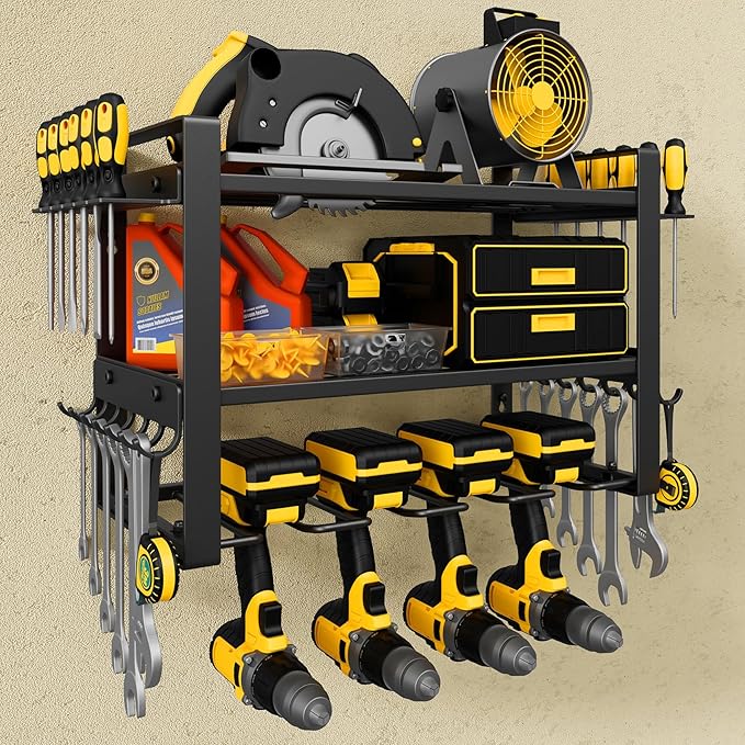 Jusgym Power Tool Organizer Wall Mount |150lbs Garage Storage Rack with 4 Cordless Drill Holder |3-Tier Heavy Duty Tool Storage Rack for Garage Organization |Gift for Men