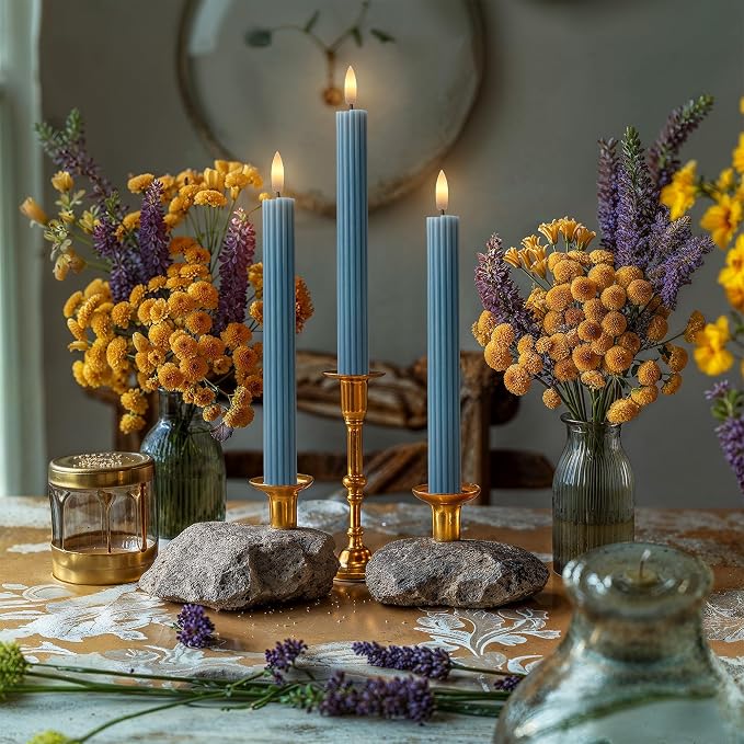 6 Pack, 10" LED Flameless Real Wax Blue Fluted Ribbed Grooved Taper Candles, Remote & 24h Timer Memory, On/Off Button, Dimmable, Flicker Mode, Battery Operated, Wedding