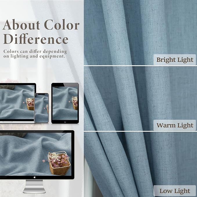 Light Blue Curtains 45 Inch Length for Small Bedroom 2 Panels Rod Pocket Back Tab Textured Semi Sheer Linen Short Cafe French Country Blue Curtain for Kitchen Bathroom Farmhouse Decor Stone Blue Dusty