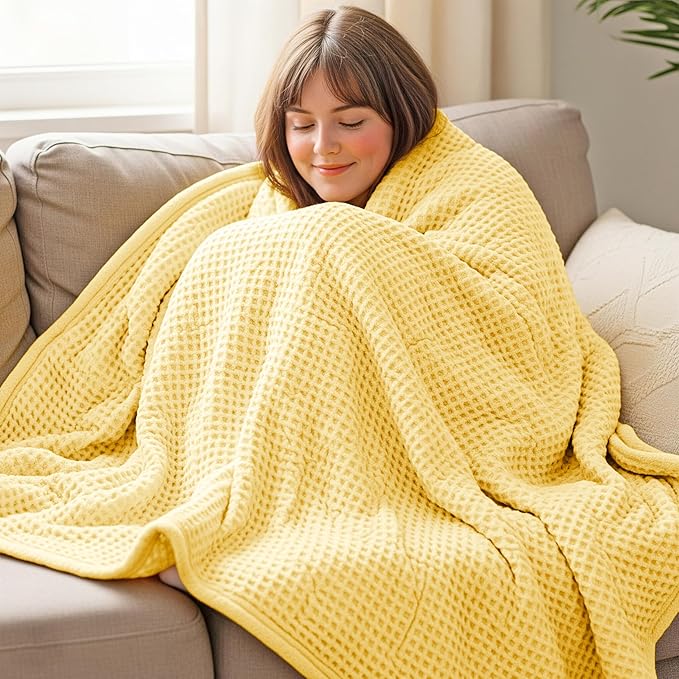 THREAD SPREAD 100% Cotton Waffle Blanket Queen Size - Soft Lightweight Breathable Waffle Weave Queen Blanket for All Season, Textured Throw Blankets for Bed, Sofa, Hotel, Hospital - Yellow