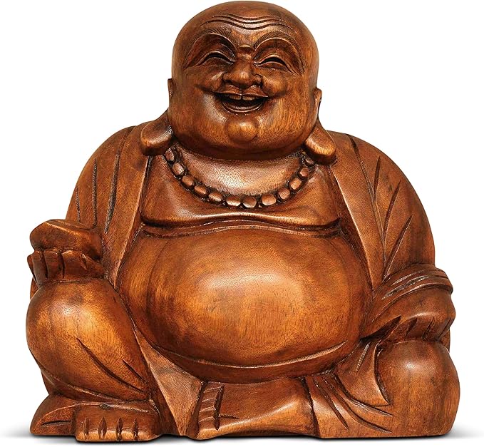 G6 Collection 12" Wooden Laughing Happy Buddha Statue Hand Carved Smiling Sitting Sculpture Handmade Figurine Decorative Home Decor Accent Rustic Handcrafted Art Decoration Happy Buddha (Large)