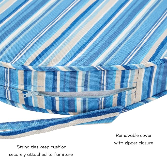 Set of 2 Outdoor 18 inch Round Patio Dining Chair Pads – Comfortable Fiber-Filled Seat Cushions with Ties, Reversible Polyester Fabric, Sapphire Stripe