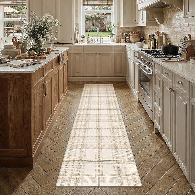 2'6x12 Beige Runner Rug for Kitchen Machine Washable Low Pile Checkered Carpet Modern Accent Soft Non Slip Long Rug for Bathroom Bedroom Nursery Indoor