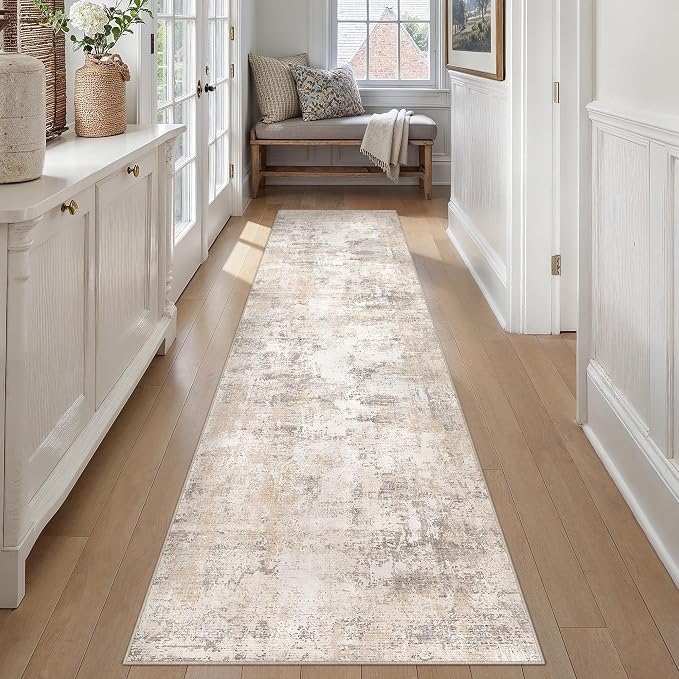 2'6x10 Washable Runner Rug Beige Grey Abstract Non Slip Soft Low Pile Hallway Kitchen Rug Neutral Modern Carpet for Laundry Bathroom Bedroom Living Room Home Decor