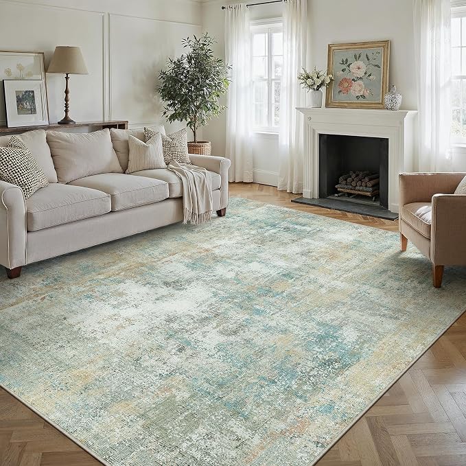 8x10 Washable Area Rug Teal Beige Abstract Non Slip Soft Low Pile Rug for Living Room Bedroom Dining Room Office Neutral Modern Indoor Throw Carpet for Home Decor