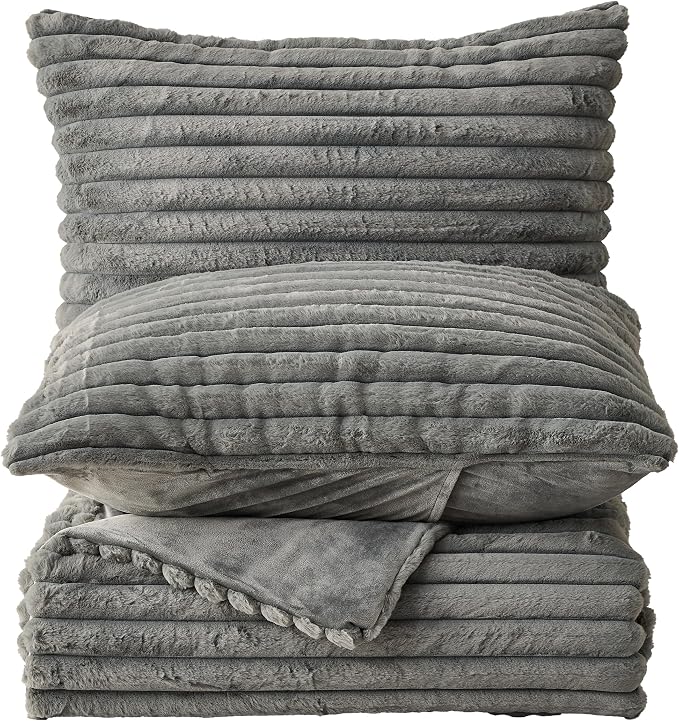 Simple&Opulence Fluffy Faux Fur Comforter Set, Plush Fuzzy Minky Bedding Set, 3 Pieces Warm Soft Comforter Bedding Set for Winter - 1 Shaggy Comforter with 2 Pillow Shams(King, Striped - Dark Grey)