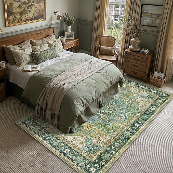 9x12 Washable Vintage Area Rug Green Oriental Living Room Bedroom Throw Rug Neutral Non Slip Soft Low Pile Carpet for Dining Room Office Nursery Indoor