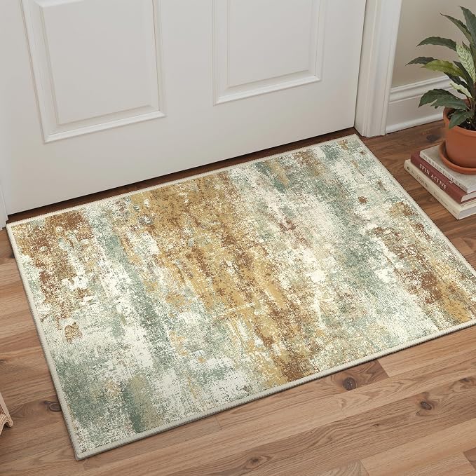 BEIMO 2x3 Rugs for Entryway Entrance Kitchen Bathroom, Machine Washable Modern Abstract Soft Area Rug, Low Pile Indoor Floor Carpet with Non Slip Backing, Orange Green