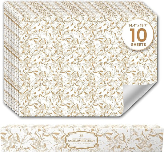 Sandalwood Scented Drawer Liners for Dresser Drawers (10 Large Sheets, 19.7" x 14.4") - Non Adhesive Drawer Paper Liner for Bedroom Dresser & Closet Shelves by Linda’s Essentials