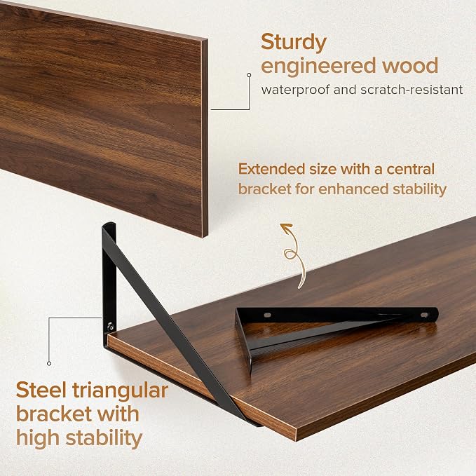 Acovy Deep Floating Shelves Wall Mounted, 36"x12" Walnut Wall Shelves with Brackets Set of 2 for Bedroom, Living Room, Bathroom, Kitchen, Office - Storage & Display Shelf for Decor, Books, Plants