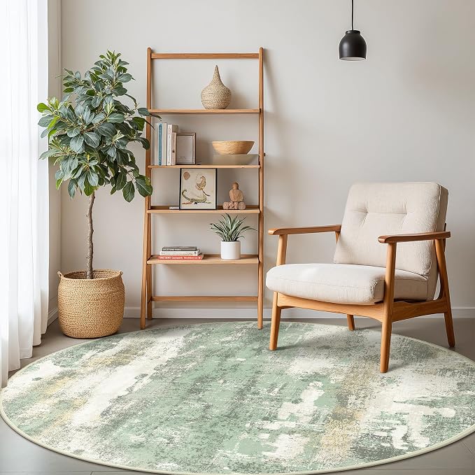 BEIMO Round Rugs 5FT for Living Room Bedroom, Modern Abstract Machine Washable Circle Rug, Soft Low Pile Floor Cover with Non Slip Backing for Dining Room, Light Green