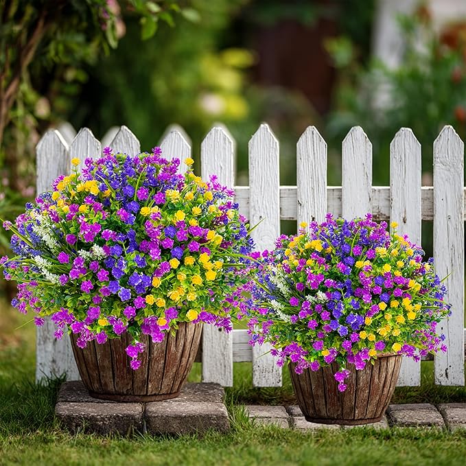 AXYLEX Artificial Flowers Outdoor Fake Plants - 12 Bundles UV Resistant Shrubs No Fade Faux Plastic Greenery Home Garden Porch Patio Decoration Indoor (1, Multi-12pcs)
