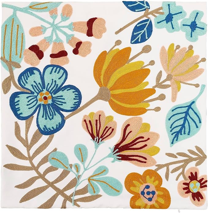 Floral Embroidery Throw Pillow Covers 18x18 Inch Colorful Flower Decorative Cushion Case with Blue and Orange Flowers 100% Cotton, Home Decor Embroidered Throw Pillow Cover 45x45cm, 1 Piece