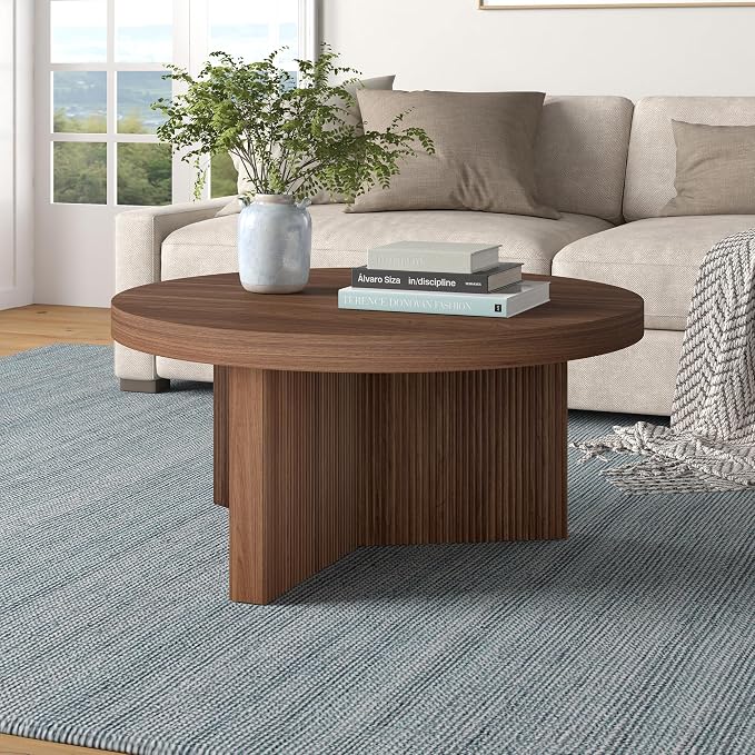 Henn&Hart 32" Fluted Round Low-Profile Coffee Table with Ribbed Pedestal Base Living Room, Family Room, Office, or Apartment, Medium Walnut