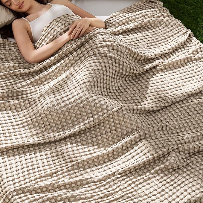 Bedsure Cooling Waffle Full Size Blanket - Lightweight Cotton Blanket for Hot Sleepers, Luxury Throws for Bed, Couch and Sofa, Khaki, 80x90 Inches