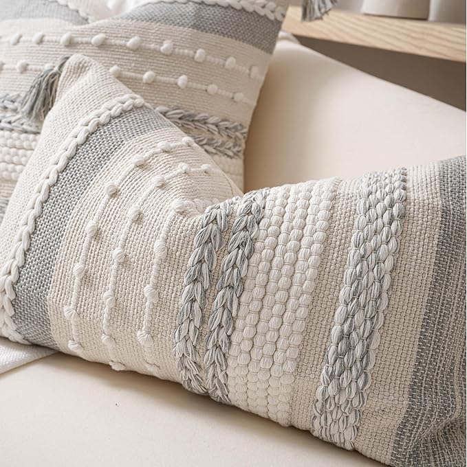 BlissBlush Gray Boho Decorative Throw Pillow Cover 22x22 Square Farmhouse Accent Cushion for Couch Sofa Livingroom Bedroom Pillowcase Modern Home Décor (Pack of 1)
