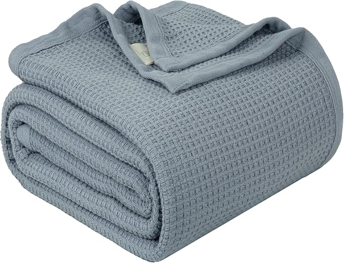 TreeWool Premium 100% Cotton Waffle Queen Blanket (90"x90", Silver Gray) | Breathable Lightweight Moisture Wicking Soft Knit Thermal Blanket for Summer, Bed or Sofa All-season Comfort Machine Washable