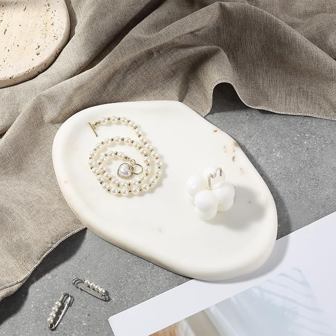 Koville Luxurious White Marble Vanity Tray, Cloud Shape Serving Stone Key Tray for Home Decor, 10"x7" Bathroom Marble Storage Trays, Stone Plate Holder for Perfume and Jewelry (Oriental Calacatta)