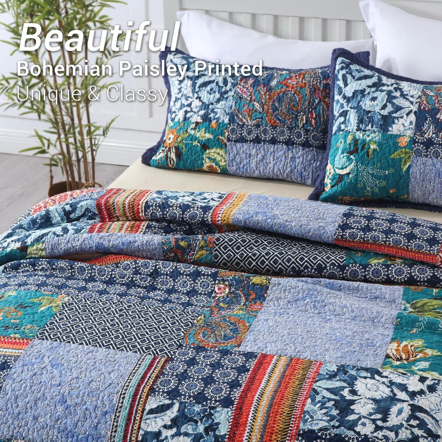 Yvooxny Queen Quilt Set Reversible Lightweight Bohemian Paisley Patchwork Cotton Quilted Bedspread Coverlet Set 3-Piece Bedding Set with Shams for All Seasons, Queen Size, 98 * 90 Inches