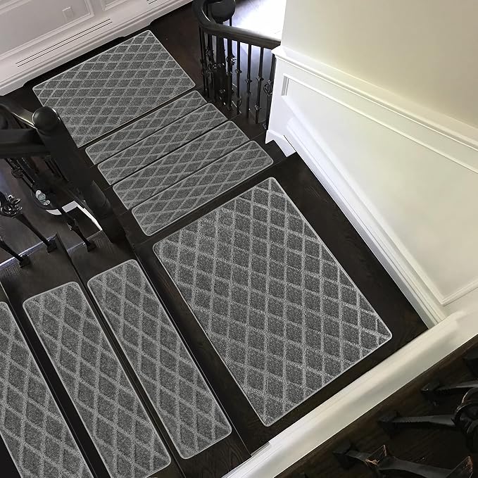 PURE ERA Carpet Stair Treads Tape Free Non Slip Indoor Stair Carpet Stair Protectors Pet-Friendly Non-Slip Skid Resistant Washable Reusable 8" x 30"(7 Pieces,Gray Diamond Trellis)