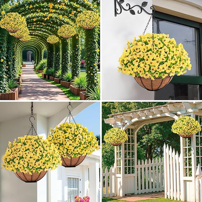 Artificial Hanging Flowers with Baskets for Outdoors, Fake Silk Pansy Flowers UV Resistant Faux Hanging Plants for Front Porch Patio Yard Home Spring Summer Decoration, Yellow
