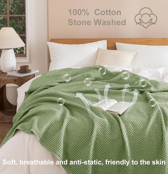 Talasily 100% Cotton Blanket Queen Size for Bed - Spring and Summer Cooling Lightweight & Breathable Bedding -Soft Waffle Weave Christmas Blanket, Machine Washable,Sage Green,90x90 Inches