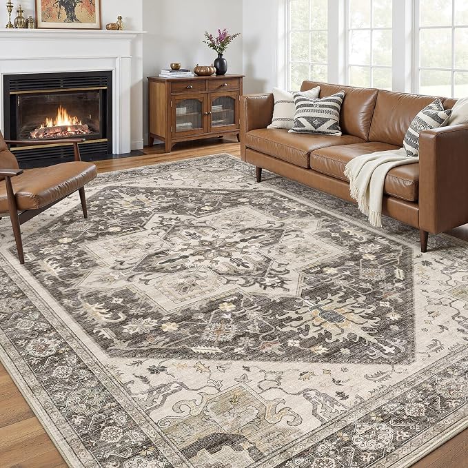 9x12 Area Rugs for Living Room - Large Carpet Ultra Thin Soft Washable Oriental Vintage Floral Distressed Big Indoor Carpets for Bedroom Nursery Dorm Home Decor Aesthetic - Dark Brown