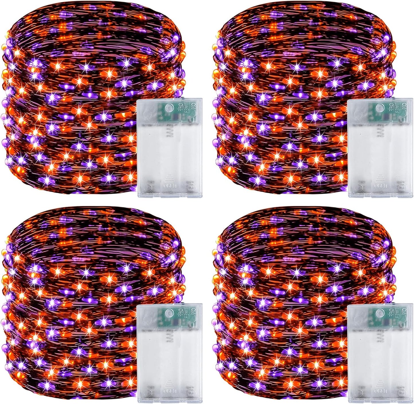 4 Pack 60LED Orange & Purple Fairy Lights Battery Operated with Timer, 20FT Waterproof Halloween Lights Outdoor Indoor, Black Wire String Lights for Bedroom, Party, Centerpiece, Halloween Decorations